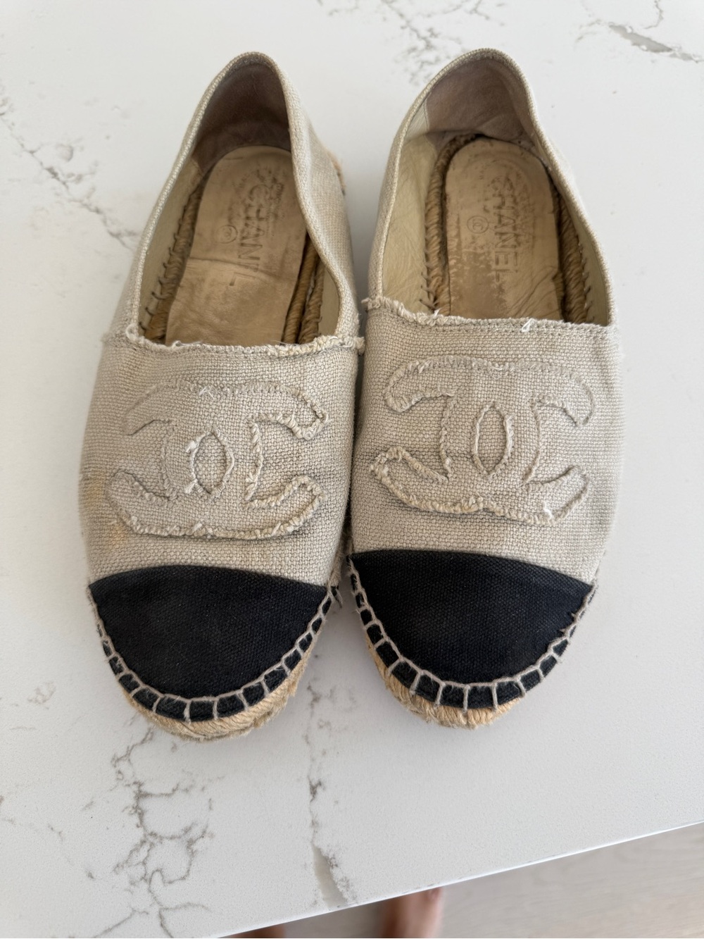 Chanel Canvas Slip-On Espadrilles in Beige with Black Toe. Size 39